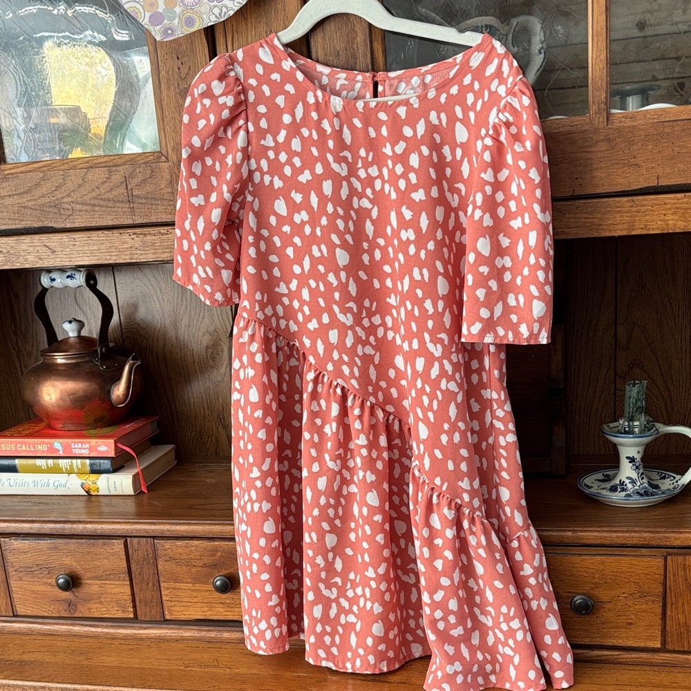 wonder nation Coral and White Dot Print Puff Sleeve Dress